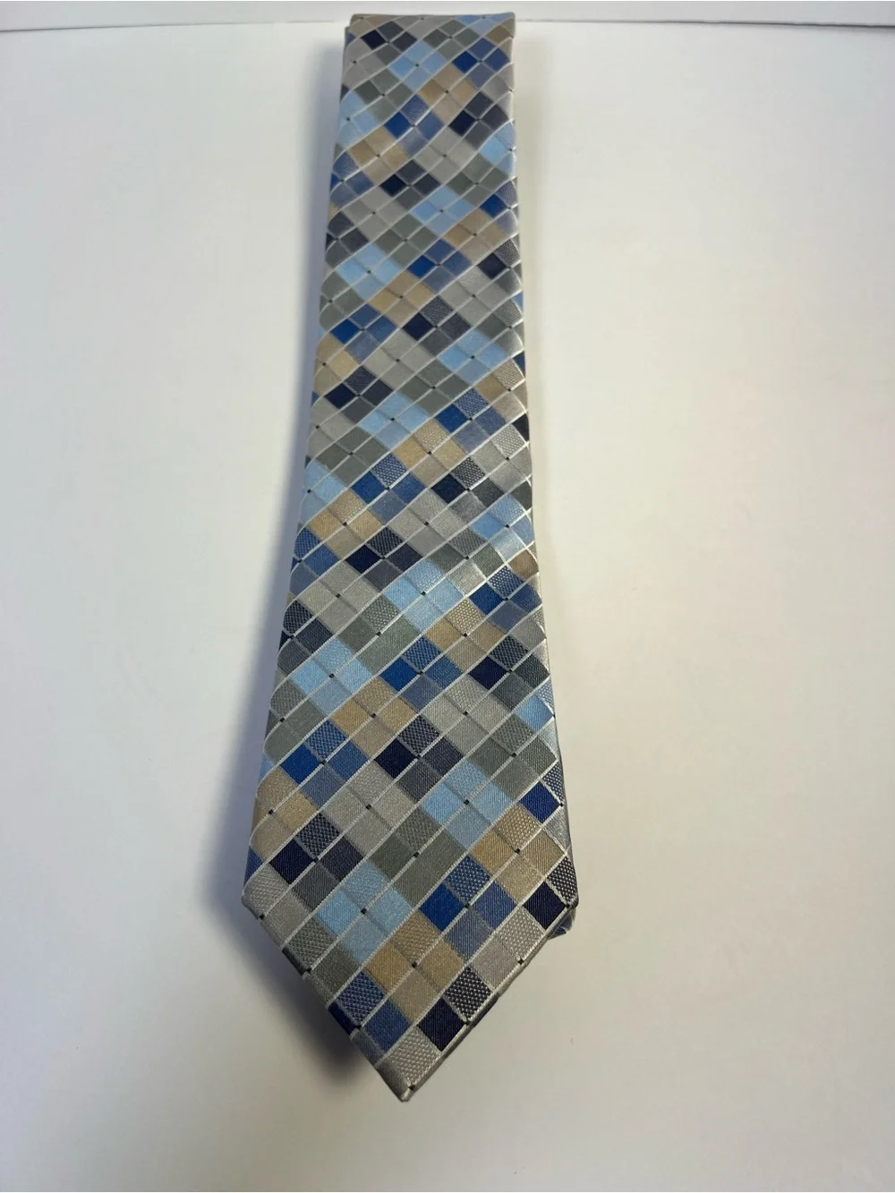 Geoffrey Beene Plaid Check Woven Men’s Tie Blue Gray Tan Polyester Geometric